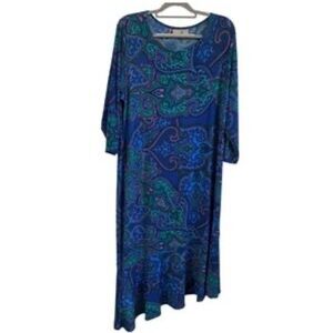 Chico's Travelers Size 2 (12/14) Maxi Dress Paisley 3/4 Sleeve Asymmetrical Hem